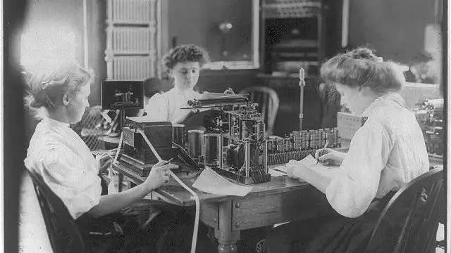 barclay telegraph instruments showing instruments on stand with women operators
