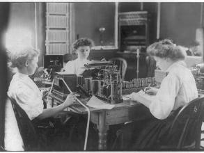 barclay telegraph instruments showing instruments on stand with women operators
